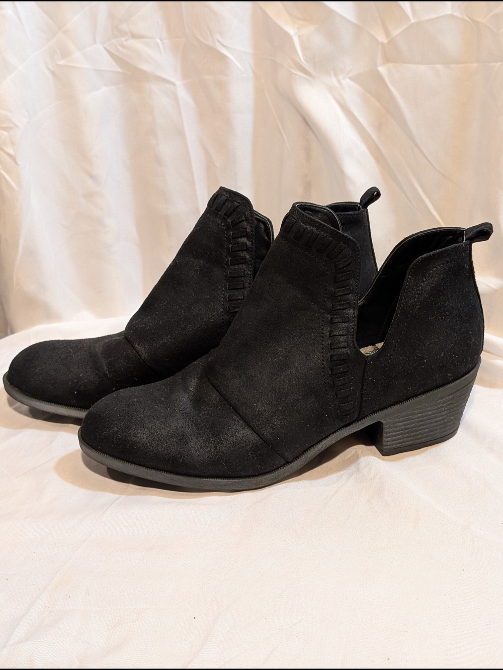 Rock & Candy Black Suede Cutout Ankle Booties with Low Heel
